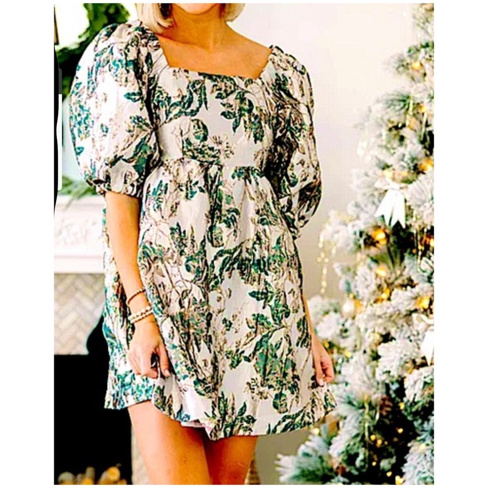 UMGEE metallic jacquard floral print foil balloon sleeve dress